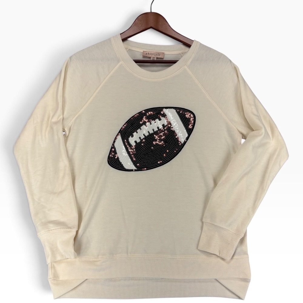 Philosophy Sweatshirt Womens M Sequin Football Cream Game Day Tailgate Cozy Fall